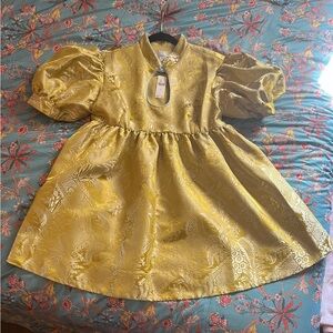 Maeve Gold Brocade Dress with Blue Trim